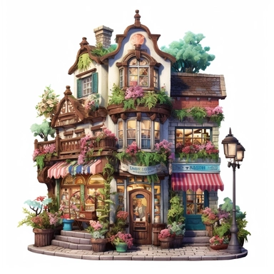 a very cute toy shop with lots of toys , clipart, exterior view, cozy, flowers, luminious, dramatic lighting, super detailed, daytime, Thomas Kinkade style, watercolor, 8k, on isolated white background