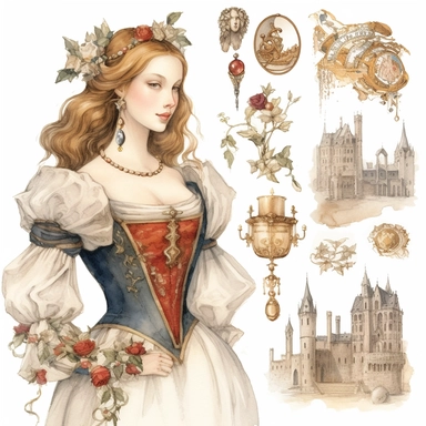 our creative journey through the splendid medieval era unfolds, we find ourselves immersed in a scene of timeless elegance and aristocratic charm. Envision a watercolor clipart that portrays a somewhat side view of a young lady of high nobility, exuding grace and beauty in every brushstroke. Her presence commands attention, and her attire captures the opulence and refinement of the medieval period. In this captivating watercolor clipart, the young lady stands tall, her figure turned slightly in 
