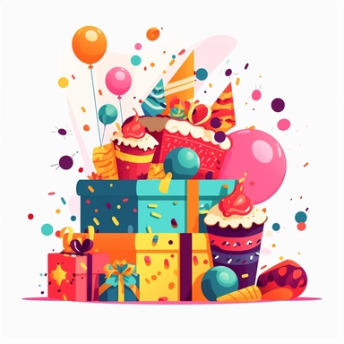 Birthday Cake With Birthday Elements Like belon,Gift Box, Star, Clipart, Vector Style, Logo design, White Background