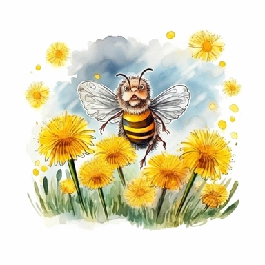 A honey bee busy pollinating a field of blooming dandelions, its expression focused and its body covered in pollen. (Digital drawing cartoon clipart, image black border color, full body, flat texture cartoon style, transparent background), watercolor