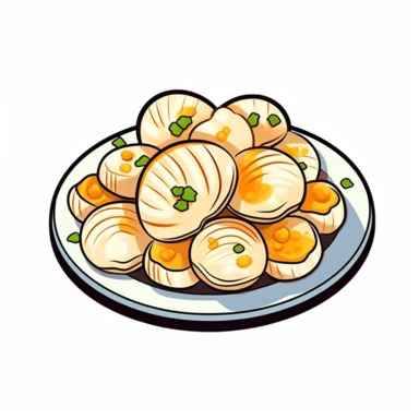 a dish of Garlic Buttered Scallops on a big white round plate, cartoon clipart, vector, pastel color, white background cartoon doodle line, thick outline, low detail, cute