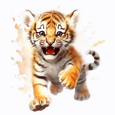 Clipart of baby tiger, tiger cub roaring, full body of tiger cub, watercolor painting, white background, featured on pixiv, computer art, watercolor, digital illustration, detailed painting, realistic