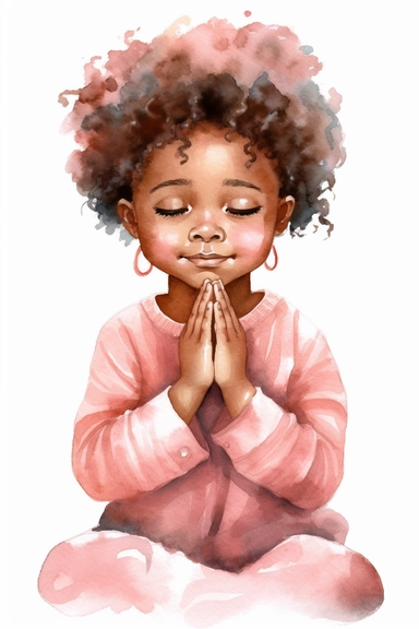 Watercolor happy cute beautiful brown skin african American baby girl praying wearing pink pajamas, clipart, isolated, white background, spaced out--q 2