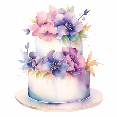 full perspective, watercolor three tier wedding cake clipart, add flowers and glitter, on a white background
