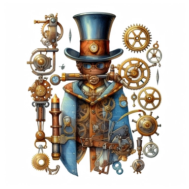steampunk victorian prototype, full body, watercolor, gears, pinions, calipers, clocks, rivets, top hat, clipart, duo tone, realistic, ultra resolution, vivid detail, 8k, minimal watercolors, white background