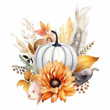 clipart, watercolor, fall flower, pastel pumpkin, boho feather, gourd, white background