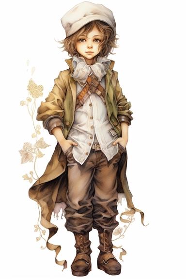 a young boy in the style of tim holtz, camilla d'errico, rustic charm, toyen, sharp, clever wit, soft, clipart on white background