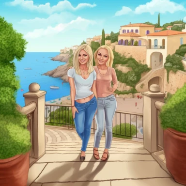 panoramic view, full view, landscape, two beautiful older middle-aged female best friends, one with long blonde hair and one with short blonde hair, age appropriate attire, same height, posing, smiling, beautiful faces, along a cobblestone walkway in a beautiful mediterranean town with view of beautiful blue water, cascading bougavanelia, beautiful summer day, illustration clipart, photo realistic, romantic, fantasy, ethereal, sharp focus, high detail,