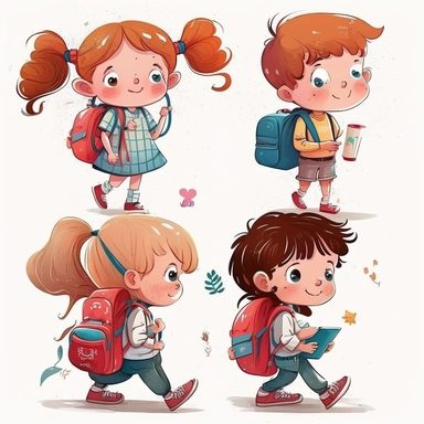 adorable children are going to the school, clipart set, children's magazine illustration