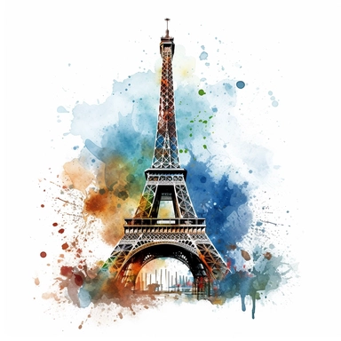 realistic and detailed eiffel tower with splash of dark watercolour in the background clipart on a white background
