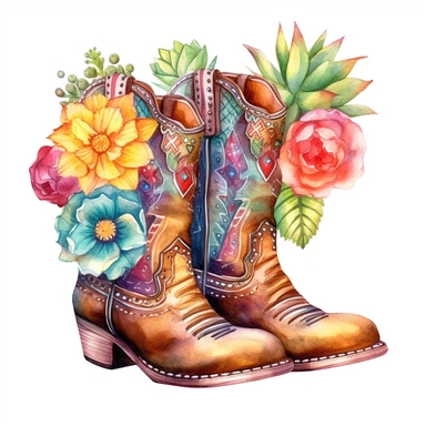 Create a dazzling watercolor clipart illustration on a white isolated background vector, featuring luxuriously detailed leather cowboy boots adorned with a kaleidoscope of vivid floral designs, harmoniously juxtaposed with an enchanting collection of cactus and succulents. Infuse the artistic style of Alvaro Castagnet, a celebrated watercolor artist known for his bold and dramatic compositions, to create a visually striking and emotionally evocative representation of the vibrant desert flora.
