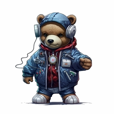 clipart of a Teddy bear wearing a tracksuit, with a dollar sign necklace and a boombox on its shoulder, white background, in the style of cyberpunk realism, street style, ultra hd, Leica m6