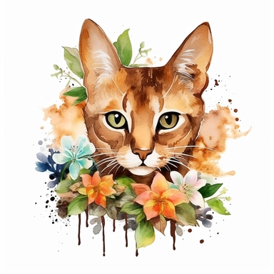 Havana Brown Cat with flowers, watercolor, sharp illustration clipart, insane detail, white background