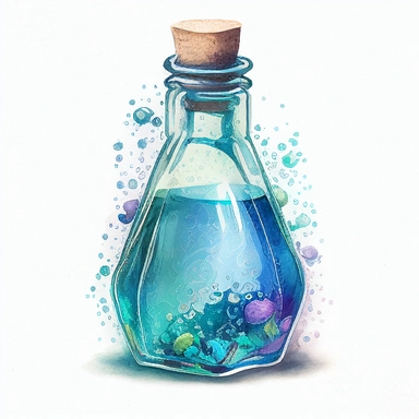 Watercolor potion bottle: Paint a tall, skinny, thick glass, half empty potion bottle with cerulean liquid. Use watercolors to create a soft, dreamy effect. Clipart. Sticker. White background.
