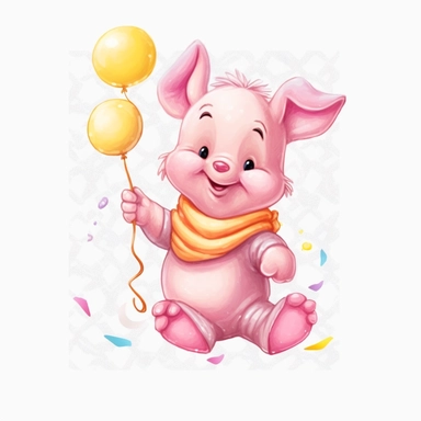 Piglet in Winnie The Pooh Cartoon Watercolor, Piglet characters Watercolor Sublimation Clipart, Birthday Party, Piglet is wearing Birthday Hat, Piglet is holding balloon clipart, Piglet Clipart, Cartoon, hyper realistic, intricate detail, illustration style, high solution, on the white background
