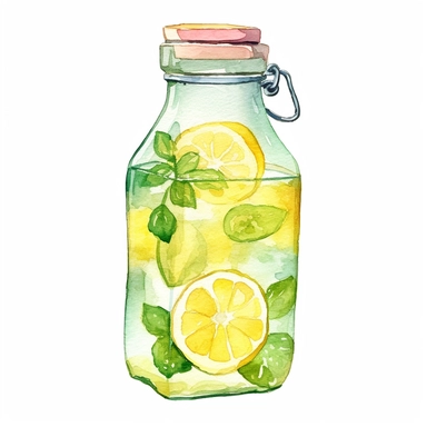 watercolor clipart illustration of a bottle of chilled lemonade, cute, white background