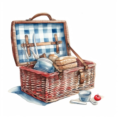Picnic basket watercolor clipart, white background, neutral muted colors, high quality, hyperrealistic, detailed, vintage, USA, color palette red, blue and white