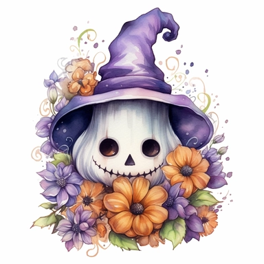 Cute Ghost wearing a Halloween hat, pumpkin, purple flowers, Halloween sublimation, watercolor, digital painting, highly detailed, realistic,style by Lucy Fleming, watercolor, smooth gradients, black contour outline, ultra detailed, clipart elements, delicate pastel colors, solid white background, super clear, high quality