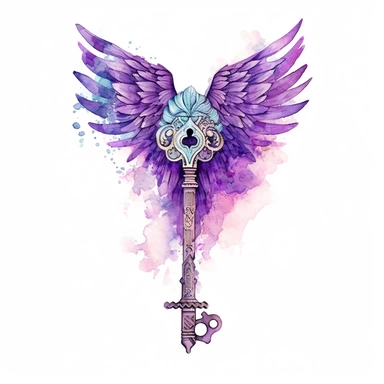 fantasy unique key with wings watercolor clipart, purple, make behind the key mystical, white background