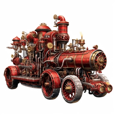 Futuristic red Firetruck, Steampunk style Gears, High detail, metallic colors, isolated on a white background, clipart--s 800