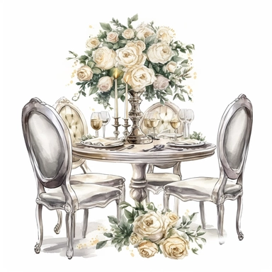 Hand drawn dining table and chairs, with a wedding centerpiece, white roses and white flowers with greenery, sparkly crystals, glamorous, very detailed and realistic, watercolor, clipart style, white background with margins