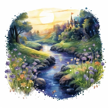 cartoon fairy glen by the River, grass and flowers line the sides if the river, glowing lights and sparkles, colors of green purple gold and blue, glamorous realistic and detailed, watercolor, white background with margins, clipart style