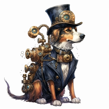 steampunk dog prototype, full body, watercolor, gears, pinions, calipers, clocks, rivets, top hat, clipart, duo tone, realistic, ultra resolution, vivid detail, 8k, minimal watercolors, white background