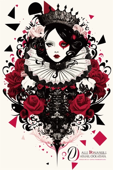 <https://s.mj.run/9tV4APT6Ydk> macro shot, haute couture dolce & gabbana illustration clipart of gothic Alice in Wonderland evil queen of hearts with black diamonds and flowers, pink color palette, white background,