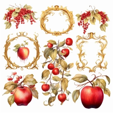 gold leaf and red apple frames, rococo, icicles, watercolor clipart