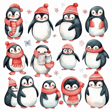 penguin Christmas clipart set, whimsical and cute hand drawn illustration, playful expression, rounded shapes, isolated image white background