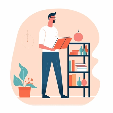 vector design, image the teacher is standing, book in hand, side table with books, blackboard, flat modern illustration, clipart, white background, soft gradient transition, in the style of warm color palette, natural pastel colors, in bed red and yellow, object portraiture specialist, uniformly staged images, animated illustrations