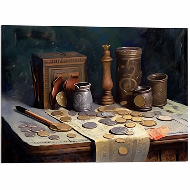a vintage Fauvism painting of coins and scrolls on a table, cold bleak creepy, portrait rectangle clip art