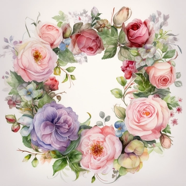 Watercolor Painting of beautiful multi - headed Rose Wreath FLOWERS on white background DETAILED ILUSTRATION, Flora Design Patterns, Flemish Baroque by Rachel Ruysch, Behance, Rococo, Intricate Detailed, Soft Light Effect, Oil Paint Strokes, Light Academia Aesthetic Flowers, Lighting cinematic, all shown shimmering stamens, tyndall light, texture, colorful, 8k, fantasy, ray tracing, vivid, spectacular lighting, octane rendering, highly detailed, ultra - realistic, white background, clipart