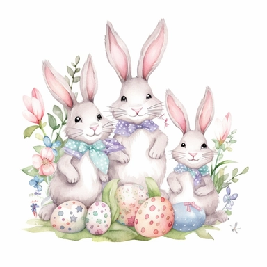 bunny family celebrating easter, easter eggs, pastel flowers, watercolor, clipart, isolated white background