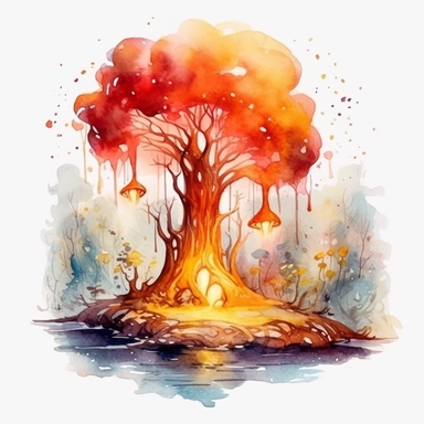 watercolor cute fire fairy mystical forest with ancient trees, flame around, detailed, hd, clipart