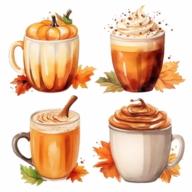autumn themes four takeaway pumpkin spice latte coffee cups, watercolour clipart, white background