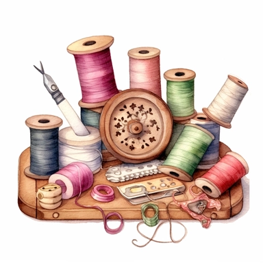 Watercolor clipart on the theme of cozy sewing: thread rolls, fringed braid, vintage scissors, sewing needles, wooden buttons, spools of thread, pin, thimble, various beads. Delicate colours