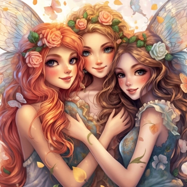 lilly stone, 3 beautiful smiling fairy friends with arms around each other, large wings, 16 year old girls with long wavy hair, soft colors, big eyes, BENTE SCHLICK style illistration, sparklecore, flowers, hyper detailed, white background, clipart