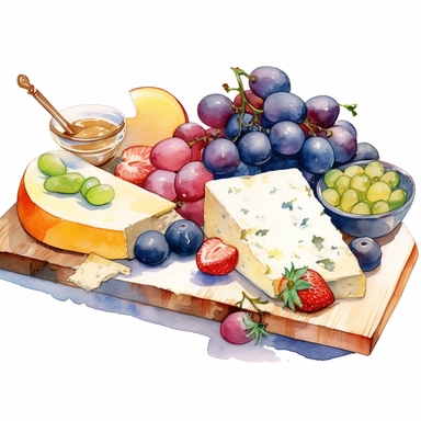 watercolor fresh fruit , cheese, summery charcuterie board, clip art , hd, white background, spaced out, details--ar 3:2