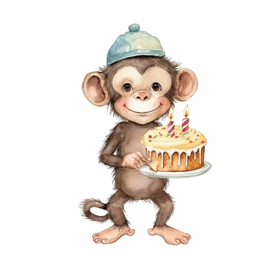 cute safari animal smiling full body monkey clipart, watercolor style, adorable, full body, with birthday cake, on a white background