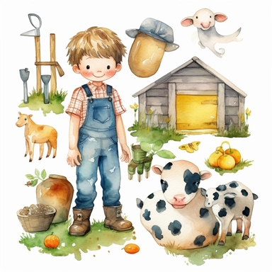 watercolor farm adorable boy clipart white background