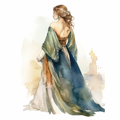 Imagine a watercolor clipart that captures the charm and elegance of a medieval young lady of high nobility. In this prompt, the view will be a side view, emphasizing her facial features and upper body. The young lady will be adorned in a beautifully crafted gown that signifies her noble status. The watercolor medium will bring out the rich textures and intricate details of the fabric, highlighting its opulence. The colors chosen will reflect the period, such as deep blues, rich purples, or eart