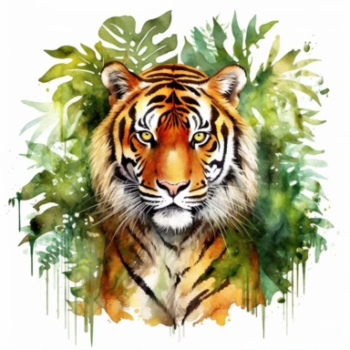 Watercolor tiger in rainforest clipart, for childish cards, illustration style, on white background, detailed, hd