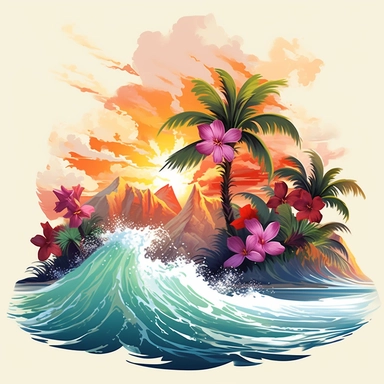 artwork majestic palm tree in digital painting style, beautiful flowers, sunrise mountains and clouds, big sea waves, water splashes, white background, colorful fantasy flower surround, highly detailed clean, vector image, photorealistic masterpiece, professional photography, realistic, flat white background, isometric, vibrant vector, clipart, illustration, realism, 4k, cinematic, front view, white background, tropical, tropical flowers, flora