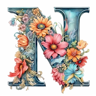 Pastel Vintage Flower Alphabet  M  Watercolor and ink Clipart, Cartoon, anime, hyper-realistic, high contrast, intricate detail, illustration style, high solution on the white background, J