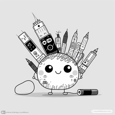 clipart of a cute pencil, full of circuits and cables and electronic components. Beautiful, flat, cute manga style, black and white, round image borders
