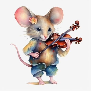 adorable Mouse playing the fiddle, watercolor clipart fantasy magic, old-world clipart