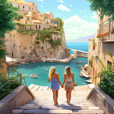 panoramic view, full view, landscape, two beautiful female best friends with blonde hair walking side by side smiling and chatting, beautiful faces, along a cobblestone walkway in a beautiful mediterranean town with view of beautiful blue water, cascading bougavanelia, beautiful summer day, illustration clipart, photo realistic, romantic, fantasy, ethereal, sharp focus, high detail,