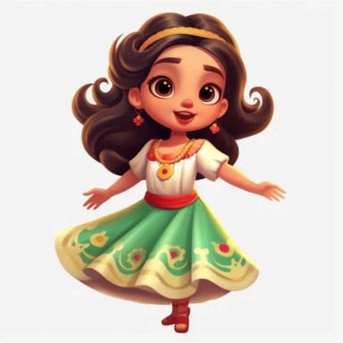 Beautiful mexican style girl, happy dancing, with beautiful eyes and beautiful smile, disney style, full body,on white background, big eyes, clipart, cartoon, inkley studio, smiling, outlines, with a beautiful typical Mexican dress green, white and red colors, charming anime characters Thomas Kinkade Nadja Baxter Anne Stokes Nancy Noel