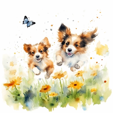 watercolor clipart with white background, puppies playing in meadow chasing butterflies, cute and adorable, clearly defined separate image, high quality--ar3:4-no mockups, watermarks, numbers, writing, letters--q2--v5.1--s1000